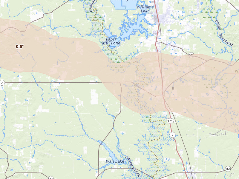 Radar-estimated hail-size map of the storm over Cotton Valley, LA on Apr 29, 2026
