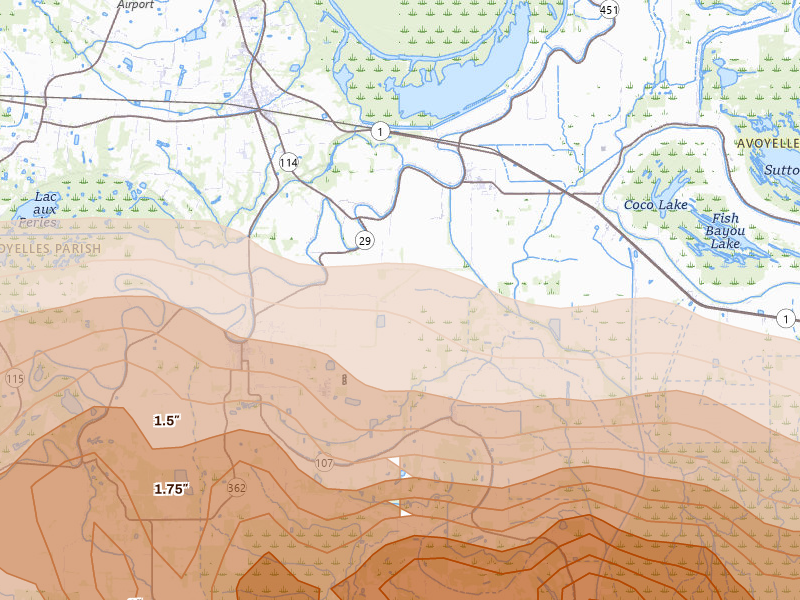 Radar-estimated hail-size map of the storm over Cottonport, LA on May 8, 2026