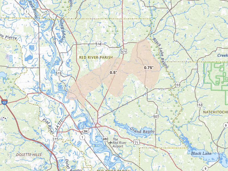 Radar-estimated hail-size map of the storm over Coushatta, LA on Jan 9, 2026