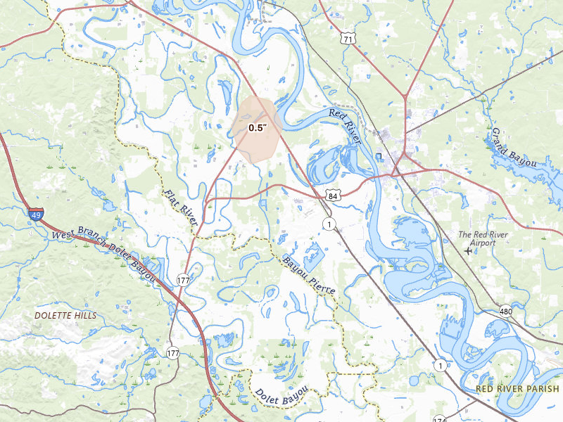 Radar-estimated hail-size map of the storm over Coushatta, LA on May 23, 2026