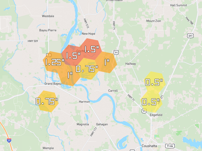 Hail map of Coushatta, LA on Jun 2, 2026, hail up to 1.5"