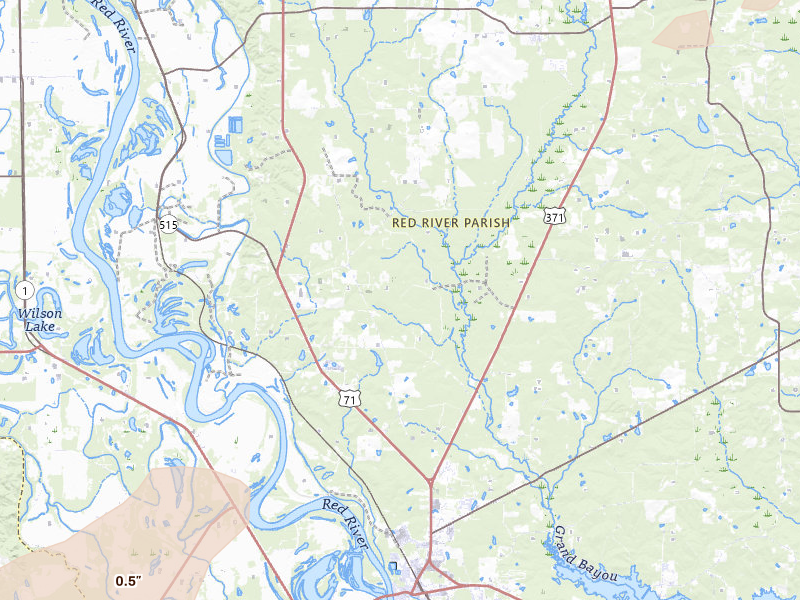 Radar-estimated hail-size map of the storm over Coushatta, LA on Jun 19, 2026