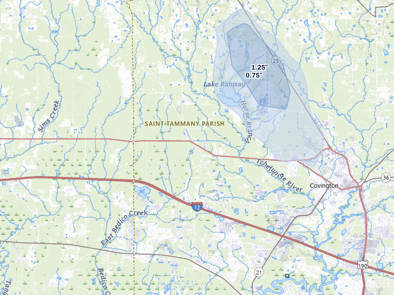 NEXRAD radar-signature map of the hail storm over Covington, LA on Jun 1, 2026