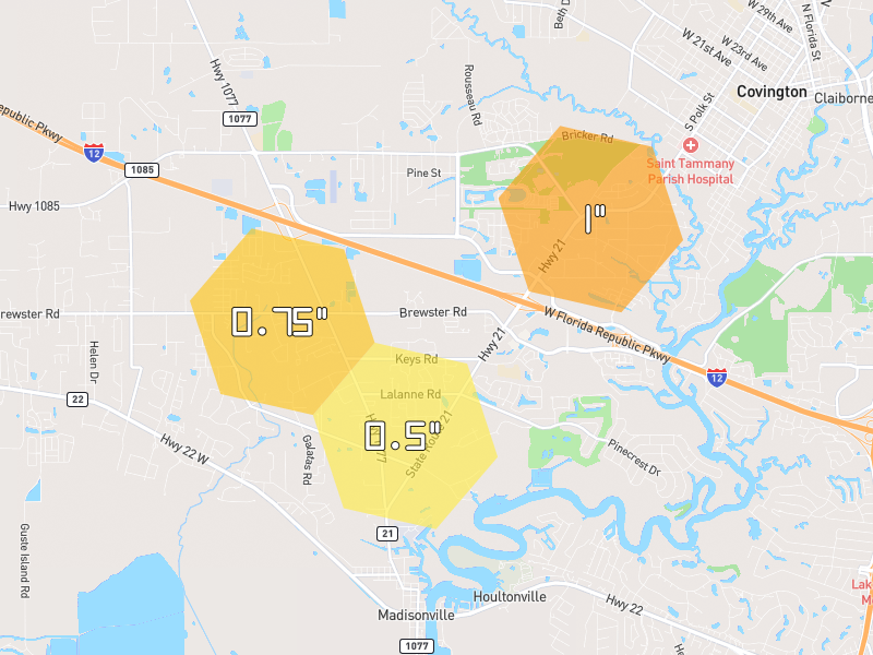 Hail map of Covington, LA on Jul 1, 2026, hail up to 1"