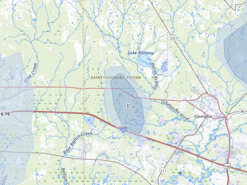 NEXRAD radar-signature map of the hail storm over Covington, LA on Jul 5, 2026