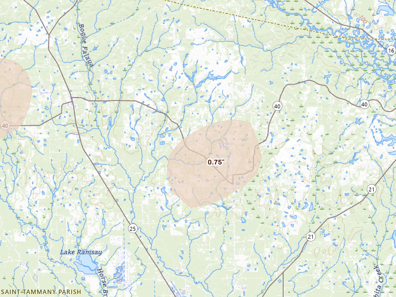 Radar-estimated hail-size map of the storm over Covington, LA on Aug 18, 2026