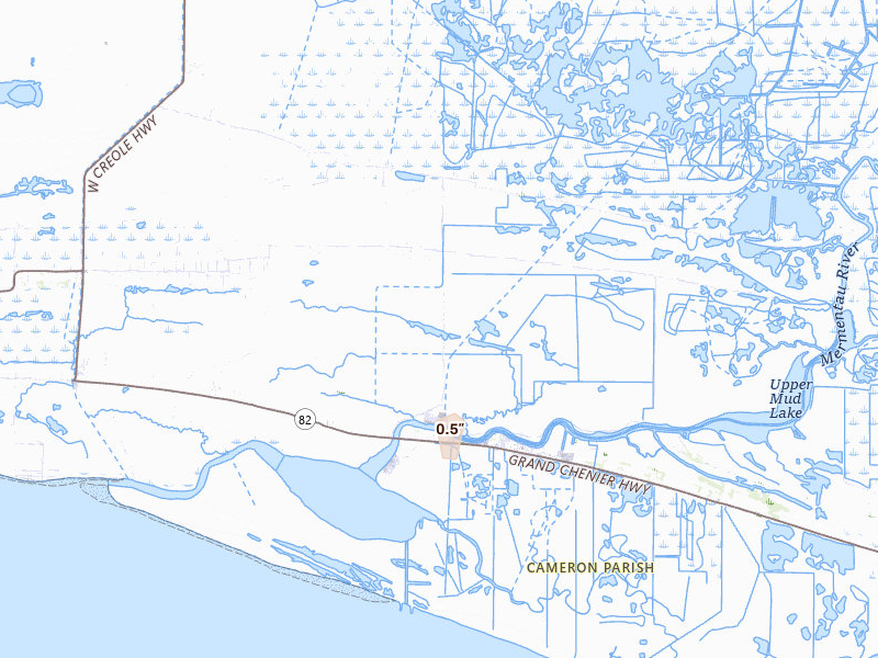 Radar-estimated hail-size map of the storm over Creole, LA on Jun 2, 2026