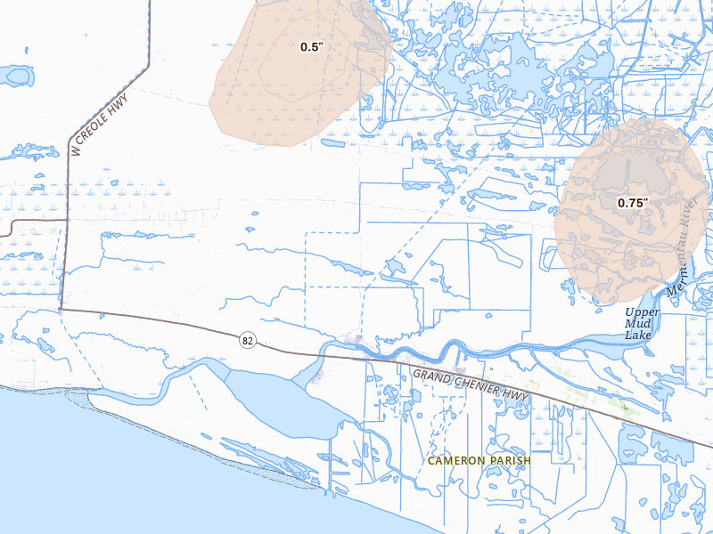 Radar-estimated hail-size map of the storm over Creole, LA on Jul 6, 2026