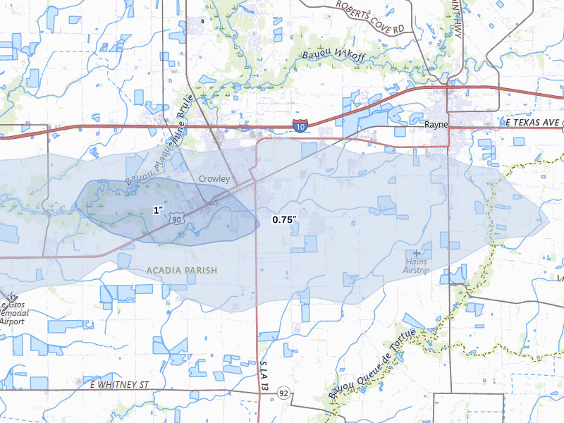 NEXRAD radar-signature map of the hail over Crowley, LA