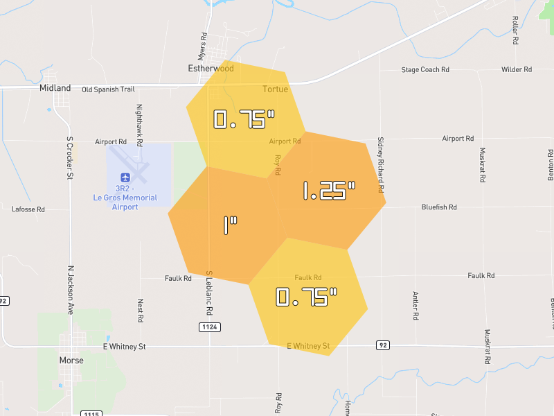 Hail map of Crowley, LA on Jul 5, 2026, hail up to 1.25"
