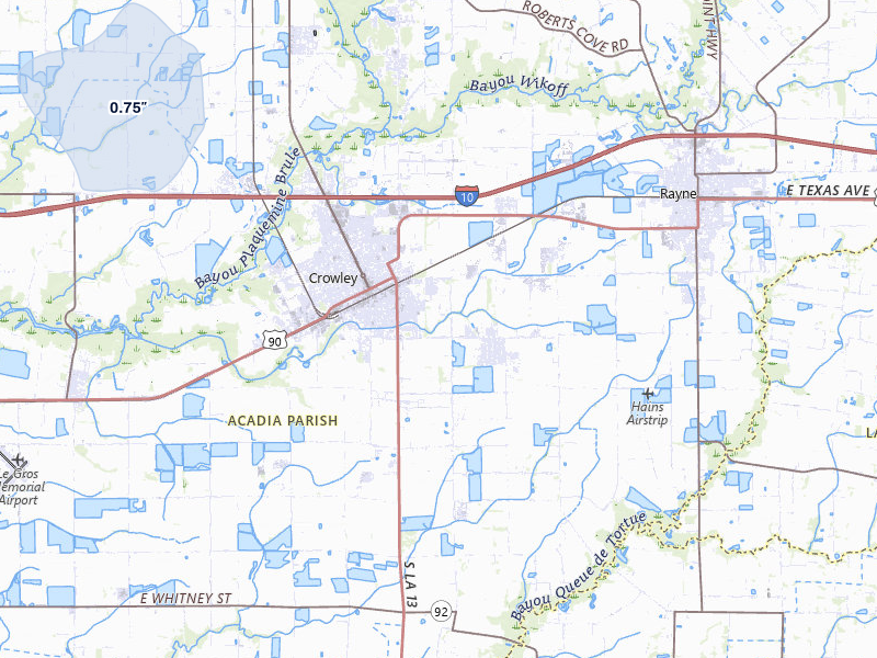 NEXRAD radar-signature map of the hail storm over Crowley, LA on Jul 8, 2026