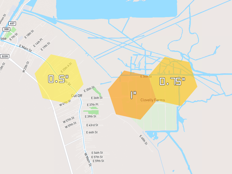 Hail map of Cut Off, LA on Jul 6, 2026, hail up to 1"