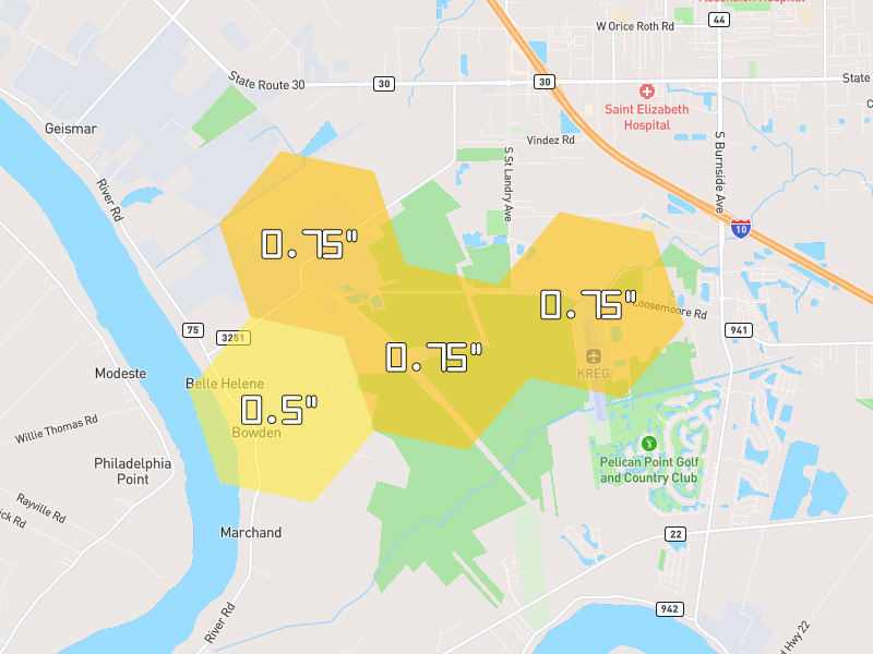 Hail map of Darrow, LA on Jul 5, 2026, hail up to 0.75"