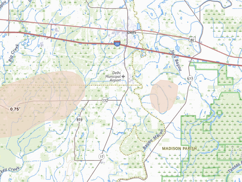 Radar-estimated hail-size map of the storm over Delhi, LA on Jan 9, 2026