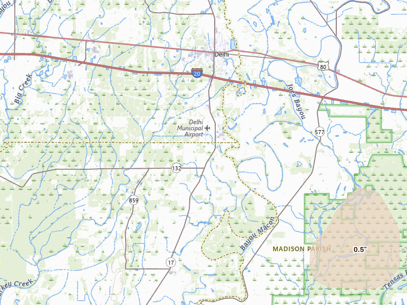 Radar-estimated hail-size map of the storm over Delhi, LA on Apr 24, 2026