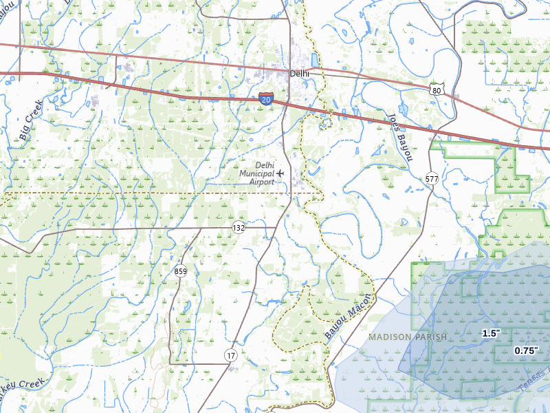 NEXRAD radar-signature map of the hail over Delhi, LA