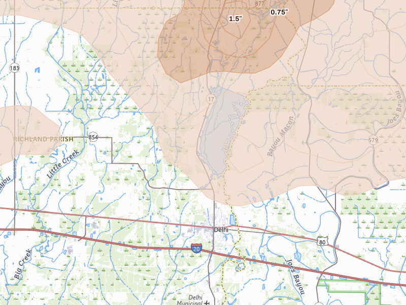 Radar-estimated hail-size map of the storm over Delhi, LA on Apr 28, 2026