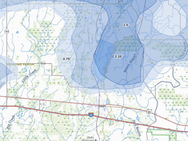 NEXRAD radar-signature map of the hail storm over Delhi, LA on Apr 28, 2026