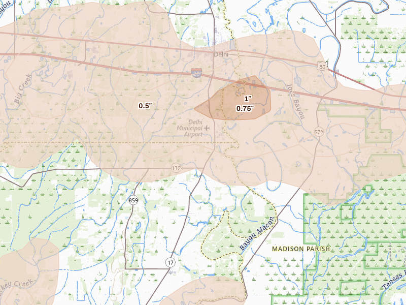 Radar-estimated hail-size map of the storm over Delhi, LA on May 22, 2026