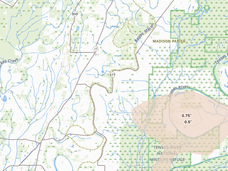 Radar-estimated hail-size map of the storm over Delhi, LA on Jun 1, 2026