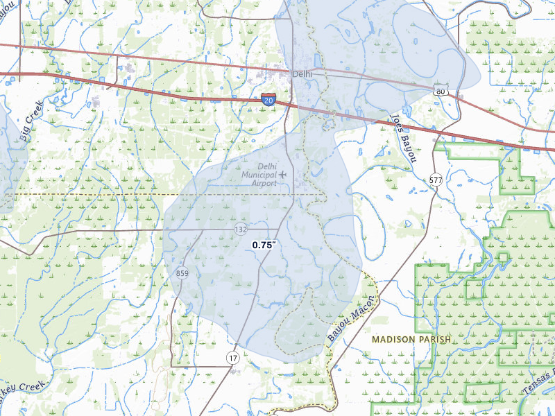 NEXRAD radar-signature map of the hail storm over Delhi, LA on Jun 1, 2026