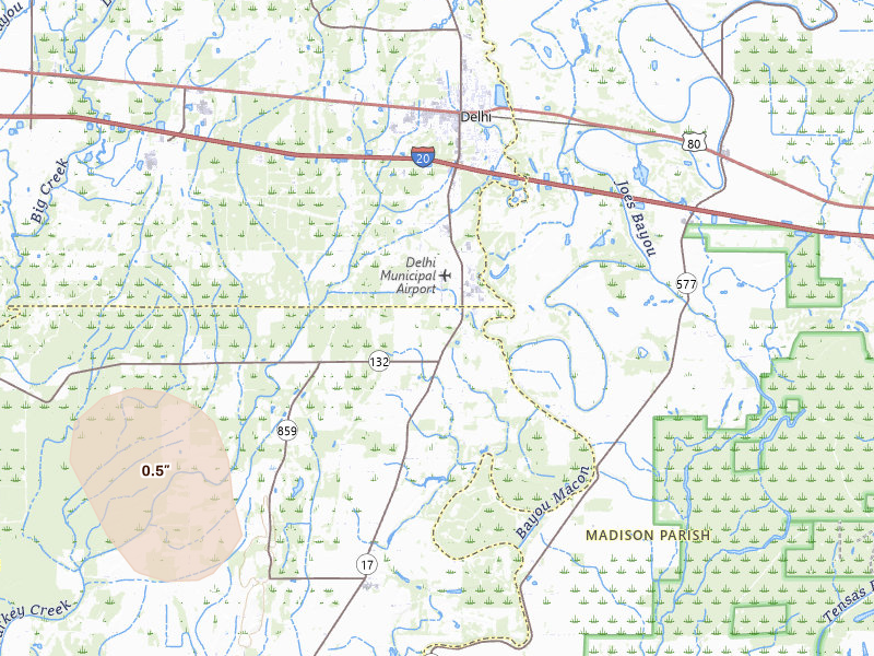 Radar-estimated hail-size map of the storm over Delhi, LA on Jul 12, 2026