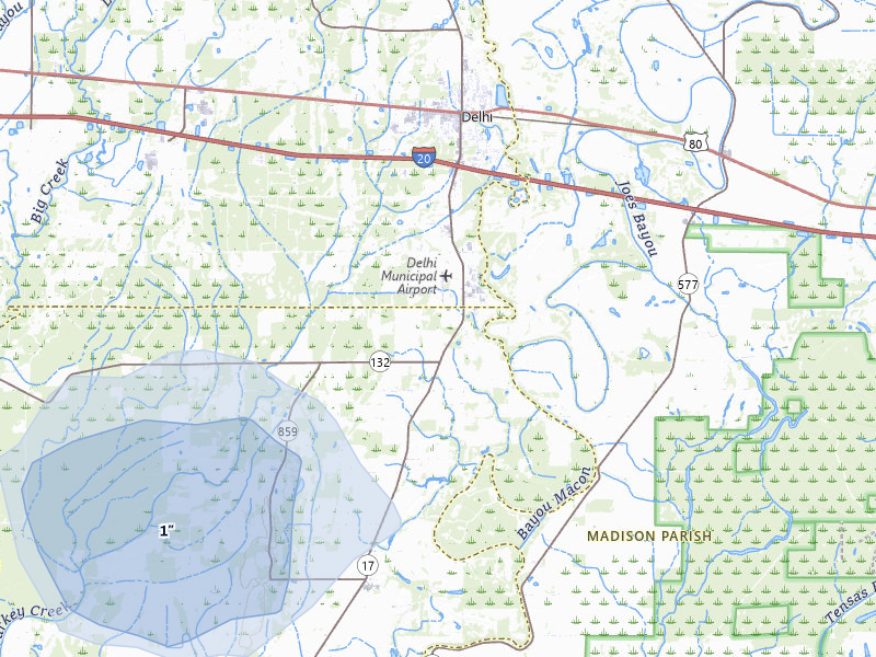 NEXRAD radar-signature map of the hail storm over Delhi, LA on Jul 12, 2026