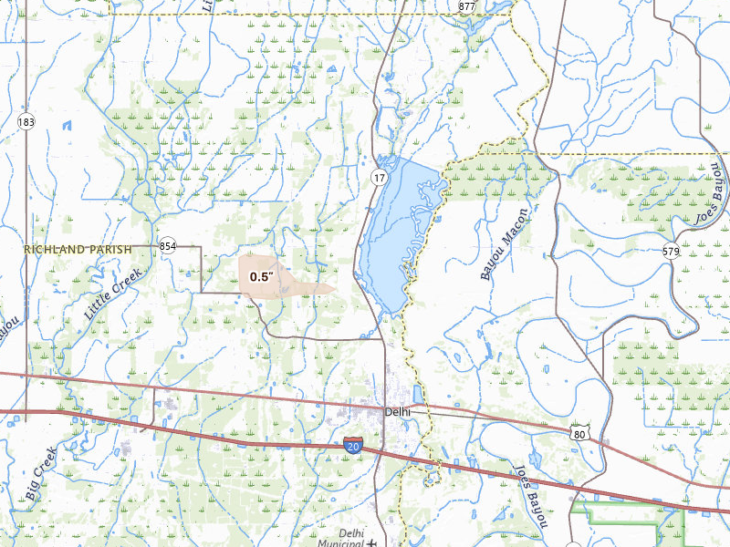 Radar-estimated hail-size map of the storm over Delhi, LA on Aug 6, 2026