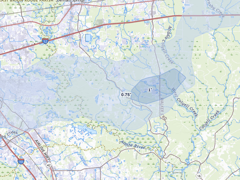 NEXRAD radar-signature map of the hail storm over Denham Springs, LA on Mar 7, 2026