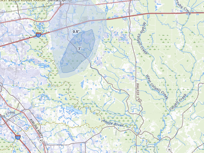 NEXRAD radar-signature map of the hail over Denham Springs, LA