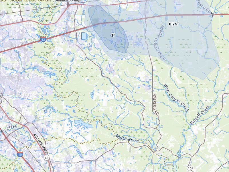 NEXRAD radar-signature map of the hail storm over Denham Springs, LA on Jul 1, 2026