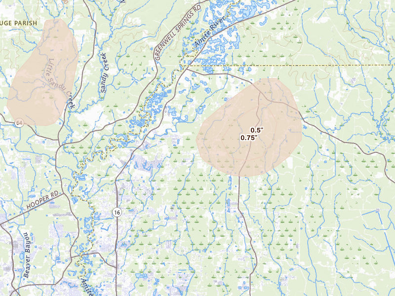Radar-estimated hail-size map of the storm over Denham Springs, LA on Aug 5, 2026