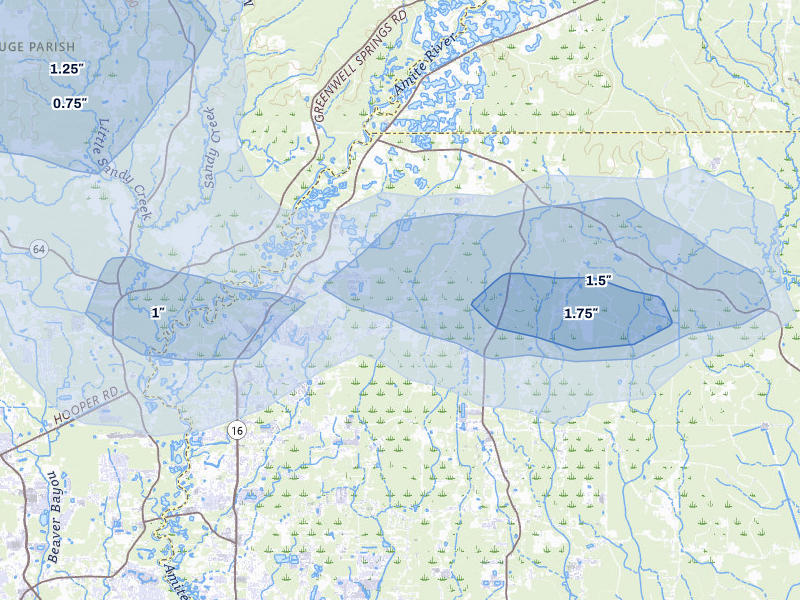 NEXRAD radar-signature map of the hail storm over Denham Springs, LA on Aug 5, 2026