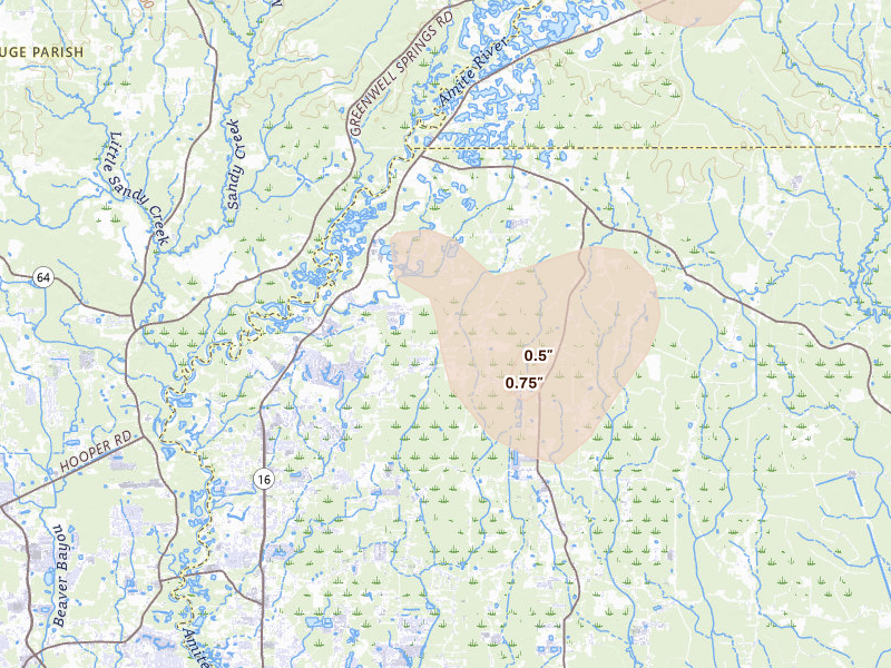 Radar-estimated hail-size map of the storm over Denham Springs, LA on Aug 16, 2026