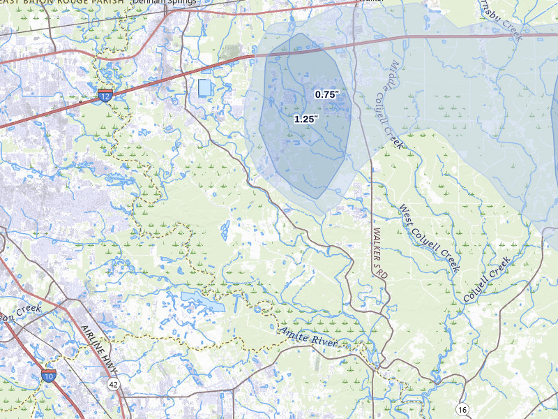NEXRAD radar-signature map of the hail storm over Denham Springs, LA on Aug 21, 2026