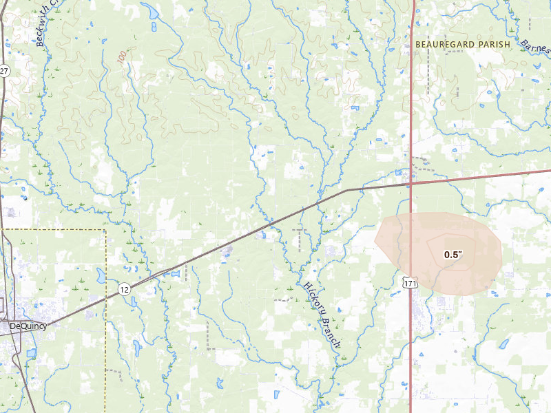 Radar-estimated hail-size map of the storm over Dequincy, LA on Jul 1, 2026