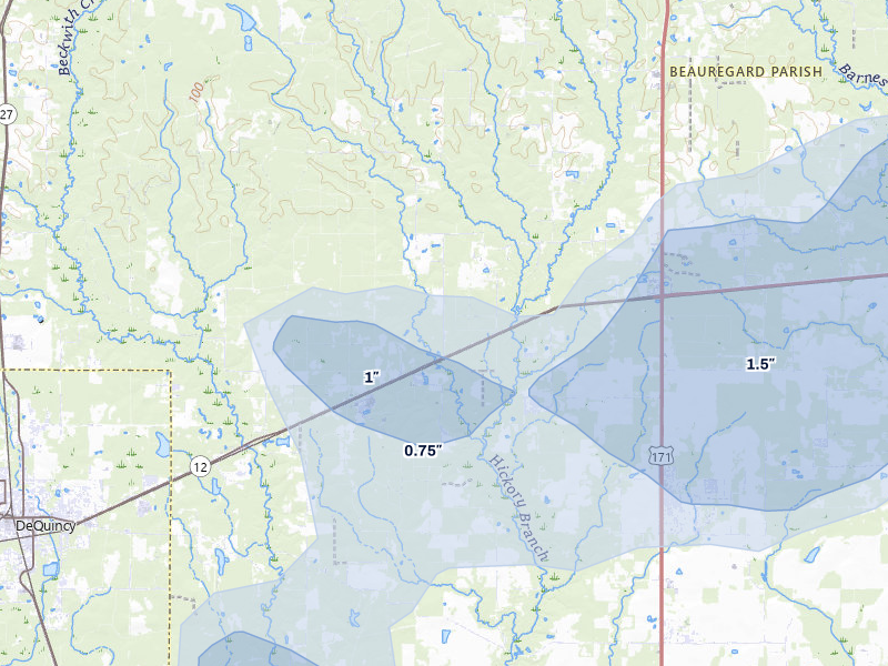 NEXRAD radar-signature map of the hail over Dequincy, LA