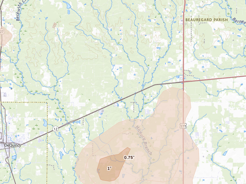 Radar-estimated hail-size map of the storm over Dequincy, LA on Jul 5, 2026