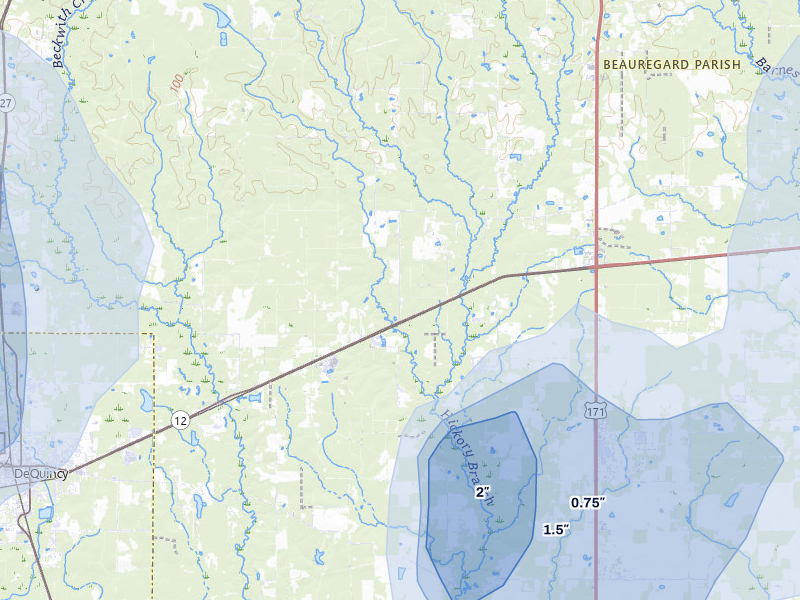 NEXRAD radar-signature map of the hail storm over Dequincy, LA on Jul 5, 2026