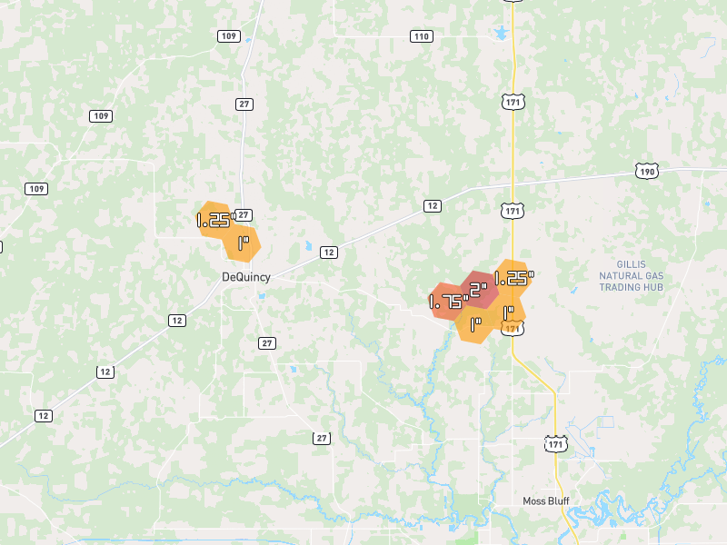 Hail map of Dequincy, LA on Jul 5, 2026, hail up to 2"