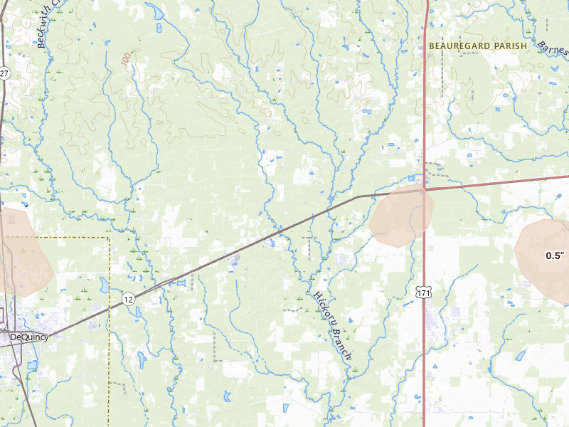 Radar-estimated hail-size map of the storm over Dequincy, LA on Jul 7, 2026