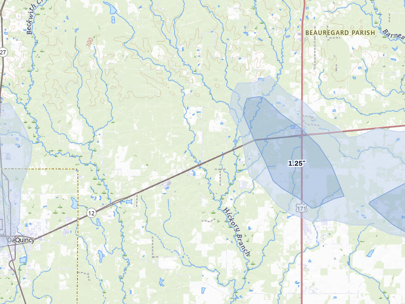 NEXRAD radar-signature map of the hail storm over Dequincy, LA on Jul 7, 2026