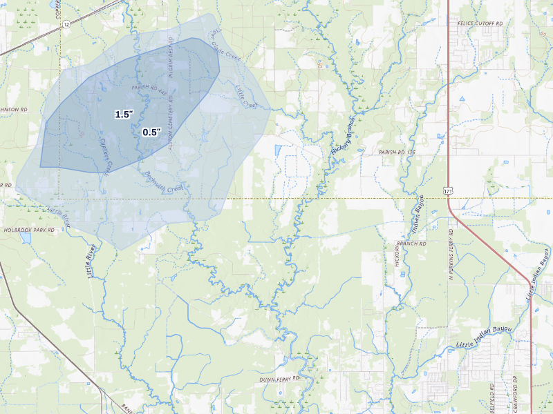 NEXRAD radar-signature map of the hail storm over Dequincy, LA on Sep 10, 2026