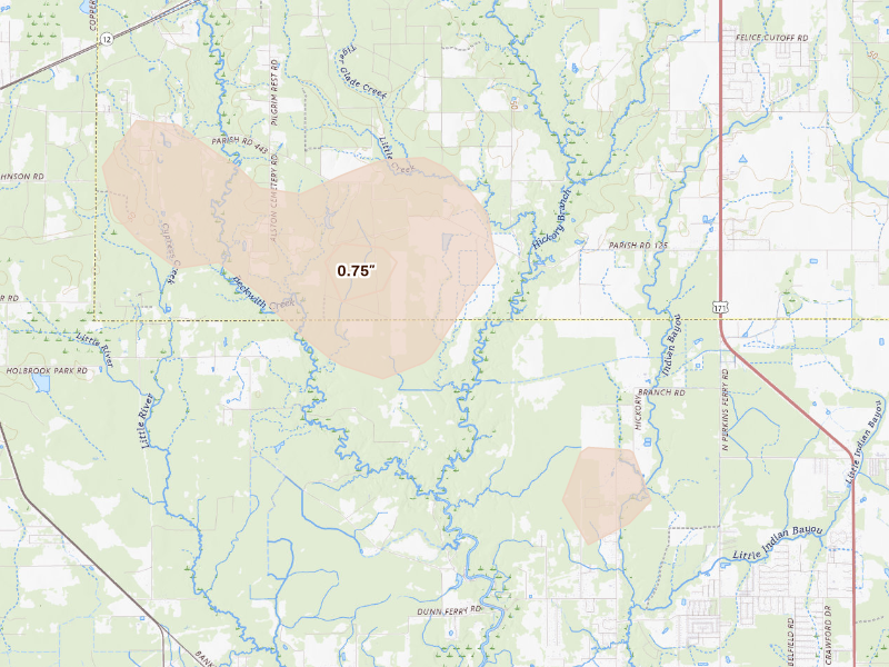 Radar-estimated hail-size map of the storm over Dequincy, LA