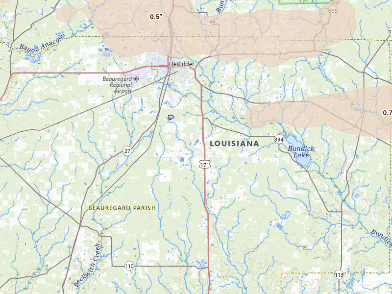 Radar-estimated hail-size map of the storm over Deridder, LA on Mar 15, 2026