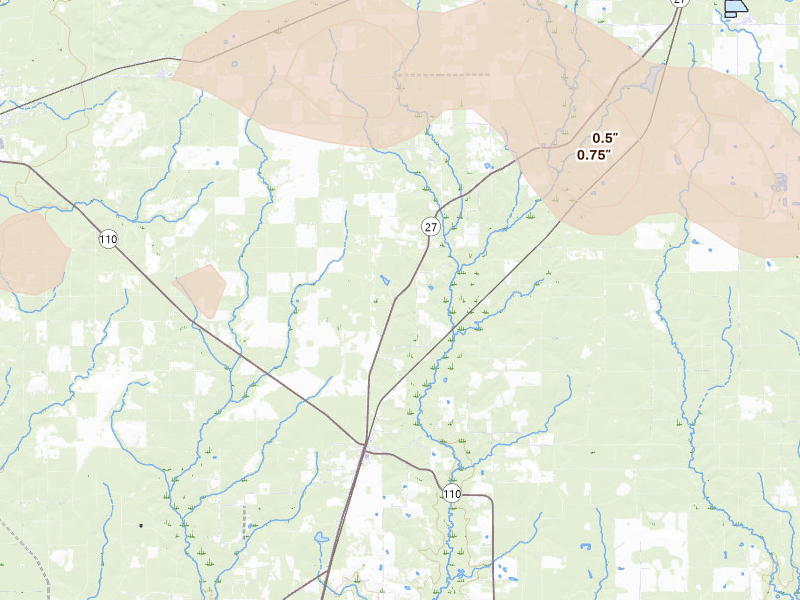 Radar-estimated hail-size map of the storm over Deridder, LA on Apr 29, 2026
