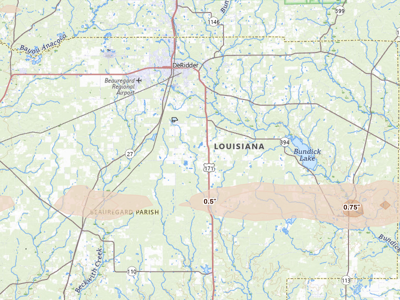 Radar-estimated hail-size map of the storm over Deridder, LA on May 8, 2026