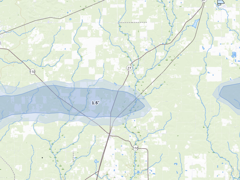 NEXRAD radar-signature map of the hail storm over Deridder, LA on May 8, 2026