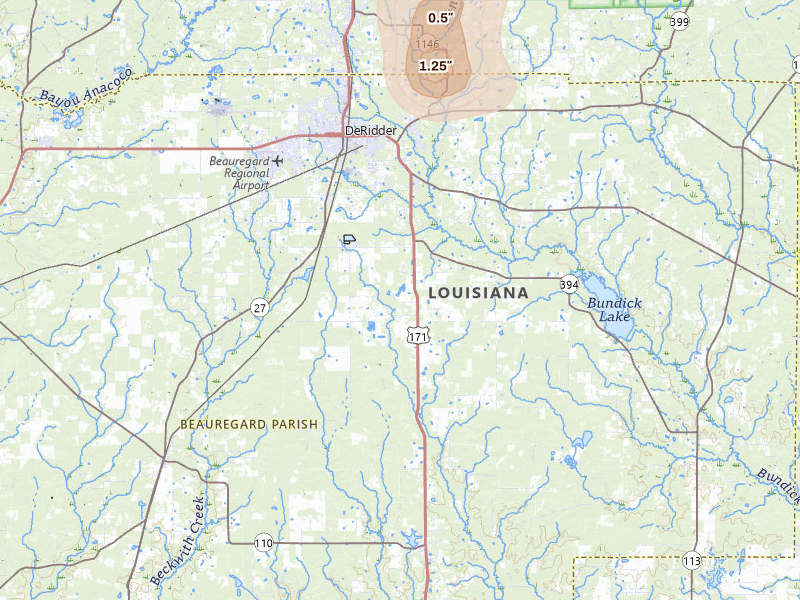 Radar-estimated hail-size map of the storm over Deridder, LA on May 10, 2026