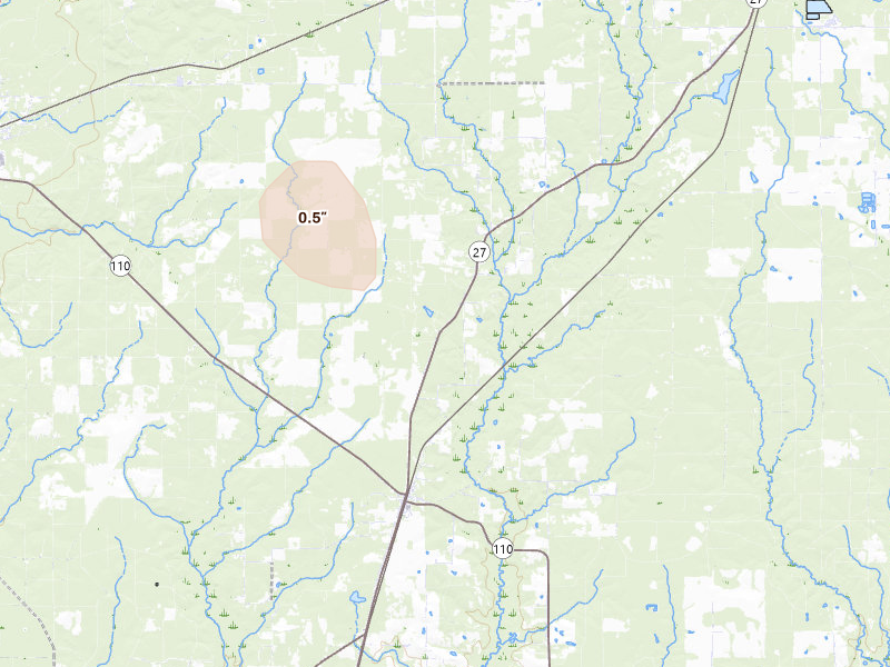 Radar-estimated hail-size map of the storm over Deridder, LA on Jun 2, 2026